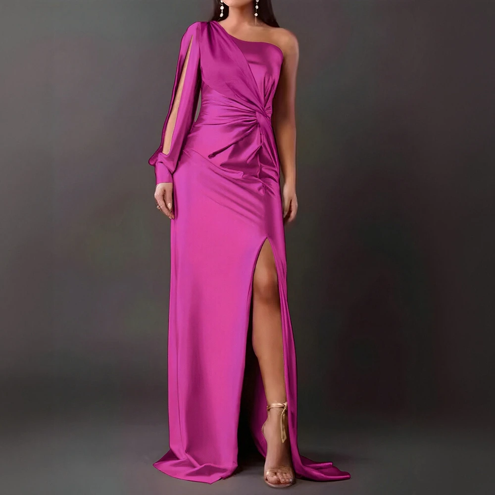 فستان نسائي أنيق بكتف واحد وأكمام طويلة للخريف ثنيات عالية الشق ميدي أساسيات عادية