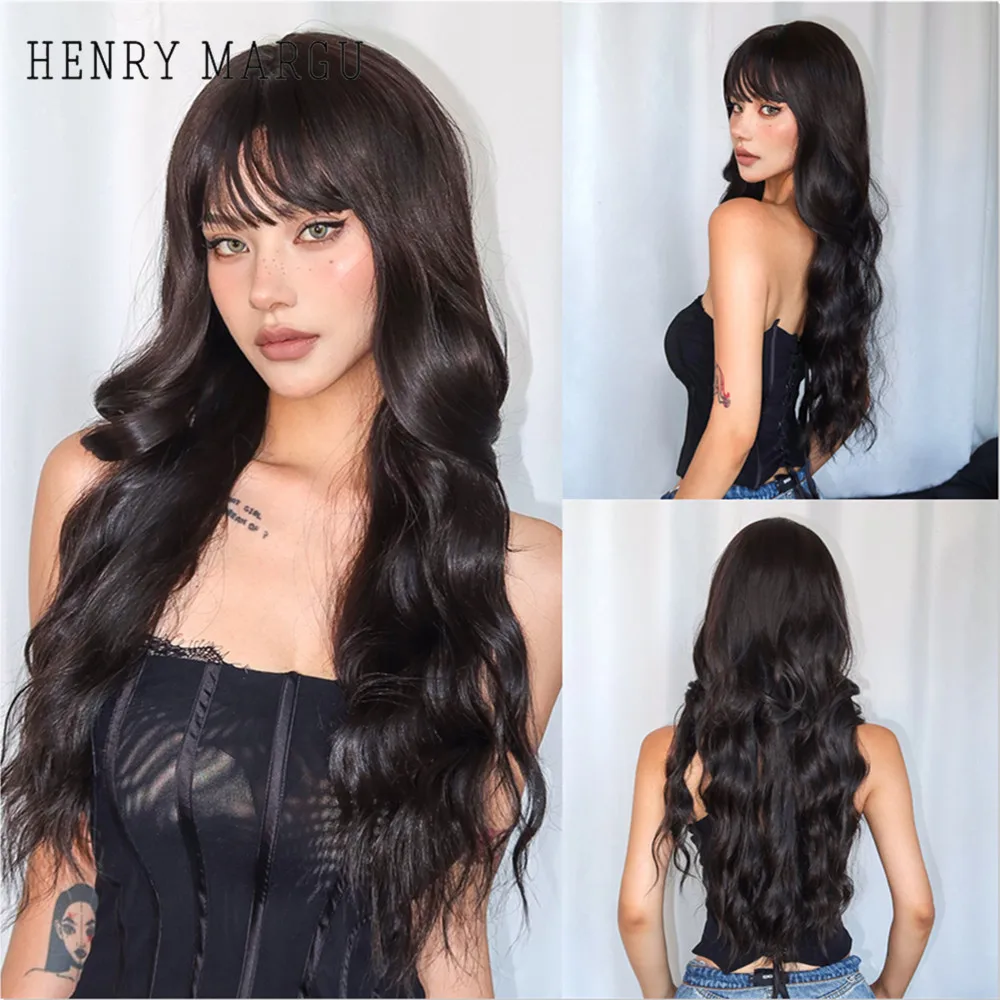 HENRY MARGU Black Synthetic Hair Wigs with Bangs Long Wavy Wig for Women Natural Realistic Fake Hair High Temperature Daily Wig