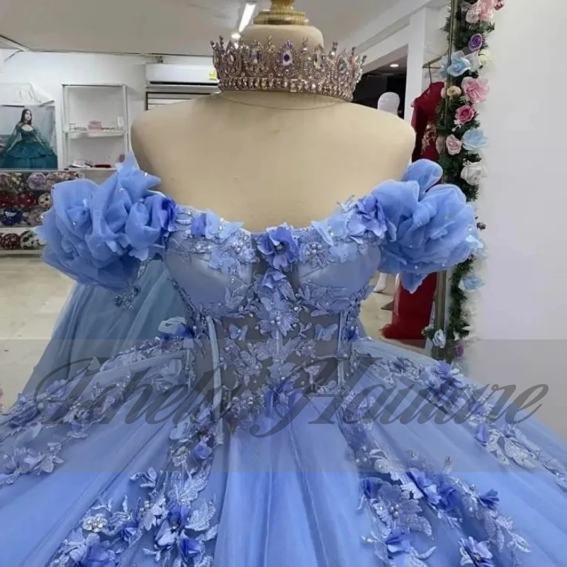 

Custom Made Light Blue Real 15 Year Old Girl Quinceanera Dresses Off Shoulder Flower Applique Corset Ball Gown Prom Party Dress