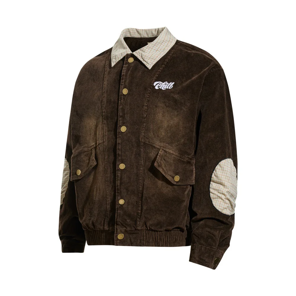 

Men's European And American Style Corduroy Jacket Loose Fit Casual Autumn Winter Plaid Patchwork Color-Block Lapel Coat