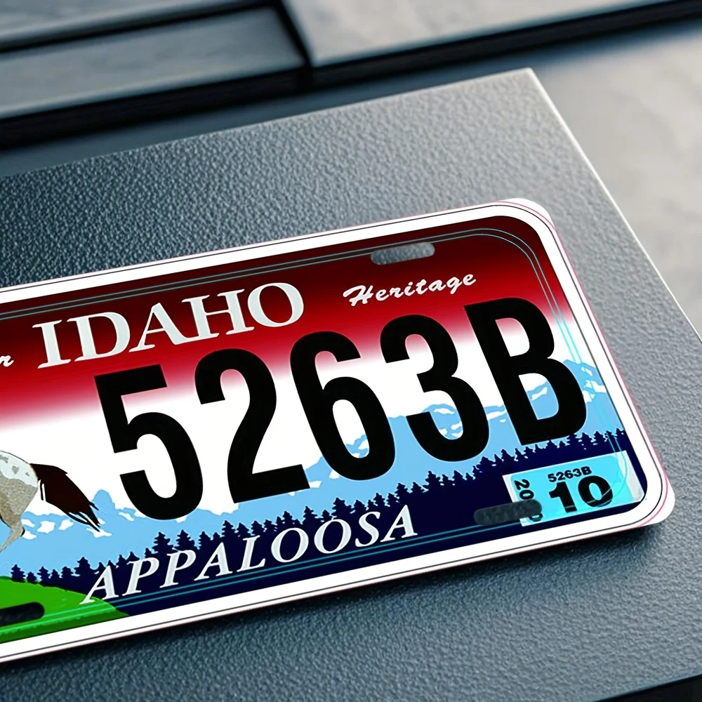 لافتة حائط لوحة ترخيص Idaho Heritage - فن معدني من الألومنيوم بتصميم حصان وجبل، ديكور جراج ذو طابع غربي، متين