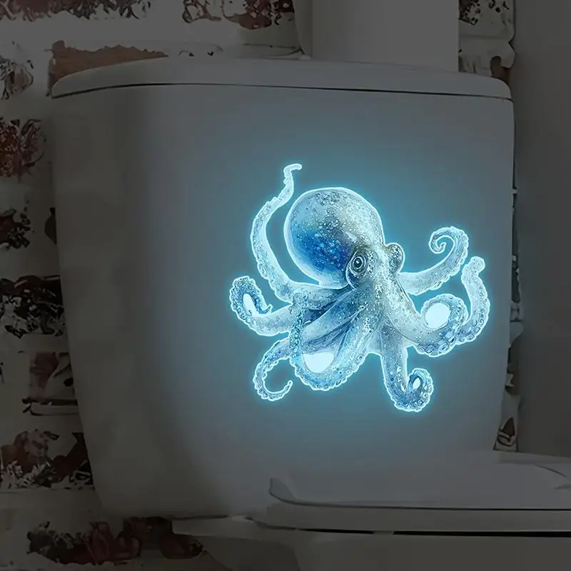 Glow-In-The-Dark Toilet Stickers Blue Octopus Design Self-Adhesive Removable Luminous Wall Stickers Car Stickers Home Decor