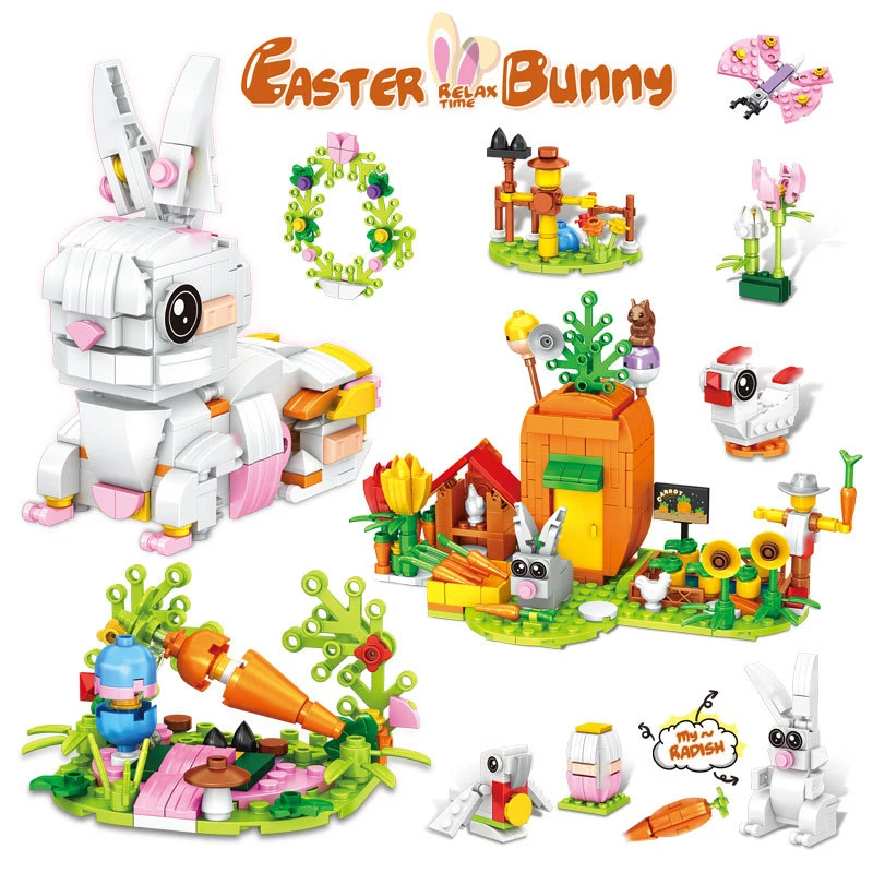 

12 IN 1 Rabbit Carrot House Building Blocks Flower Bunny Easter Animal Assembled Bricks Model Kids Toys Education Festival Gifts
