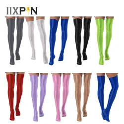 1 Pair Sexy Over Knee Socks Japanese Thigh High Stockings Solid Oil Shiny Smooth Elastic Purple Stockings Women Knee High Socks