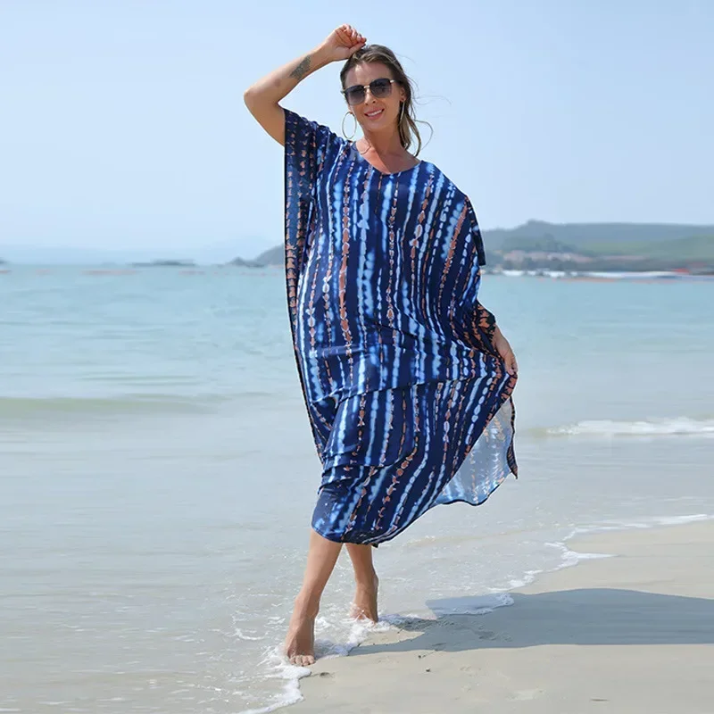2025 Spring Summer Beach Blouse Halo Dye Loose Holiday Dress Gown Beach Skirt Women's Bikini Lady Sunscreen Top Blue