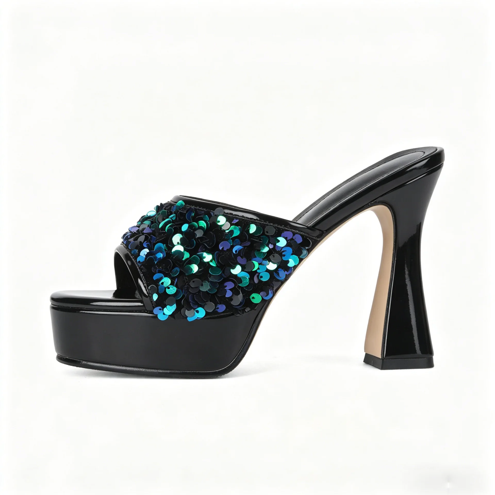 New Waterproof Table High-Heeled Sandals Women's Thick Heel Sequins Fish Mouth Round Head Thick-Soled Banquet Wear Cool Slippers