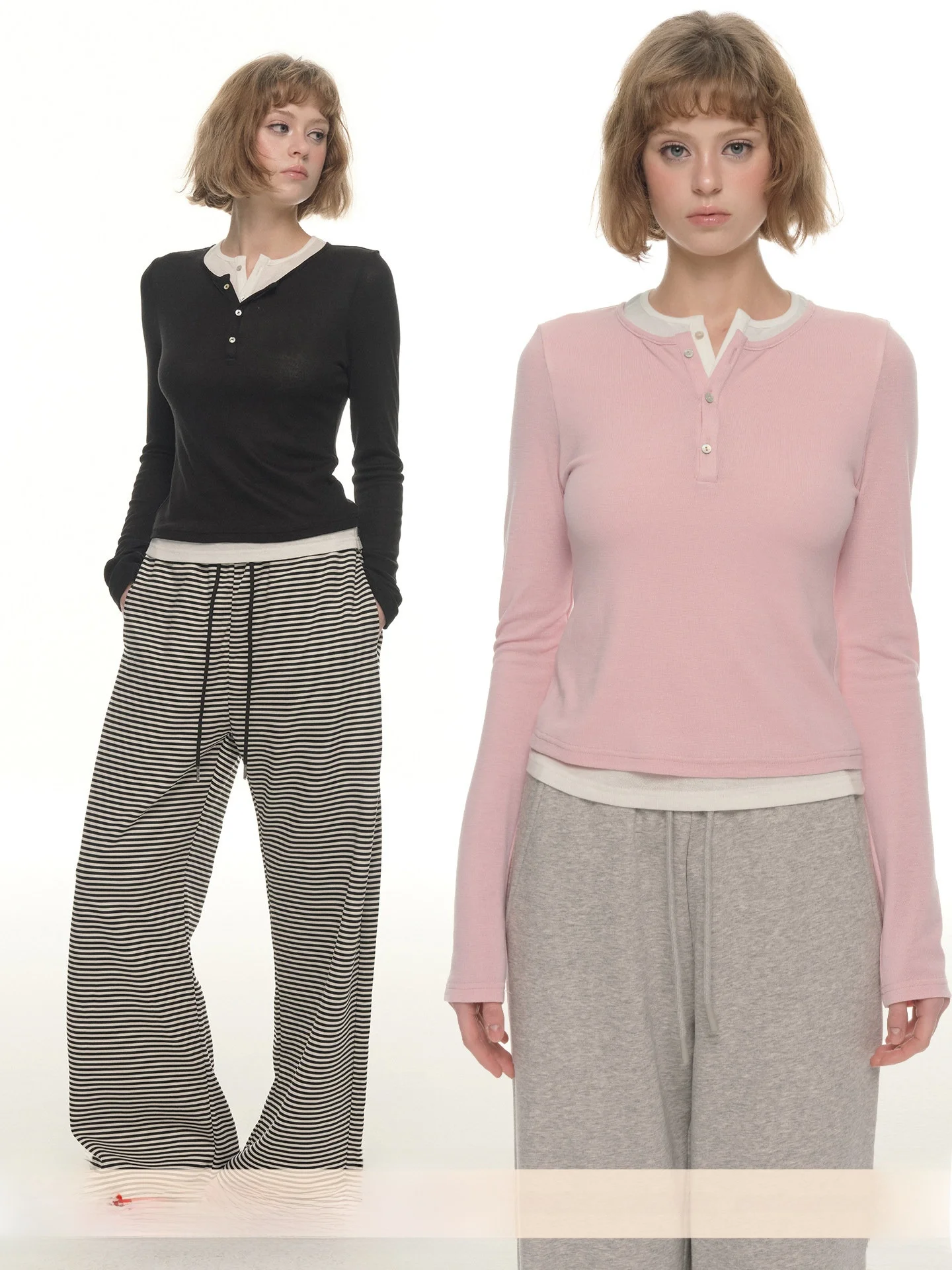 

Женская приталенная трикотажная футболка UNRETRO с длинным рукавом, воротником Хенли, розовая, многослойная, весна-осень, комфортная, дышащая