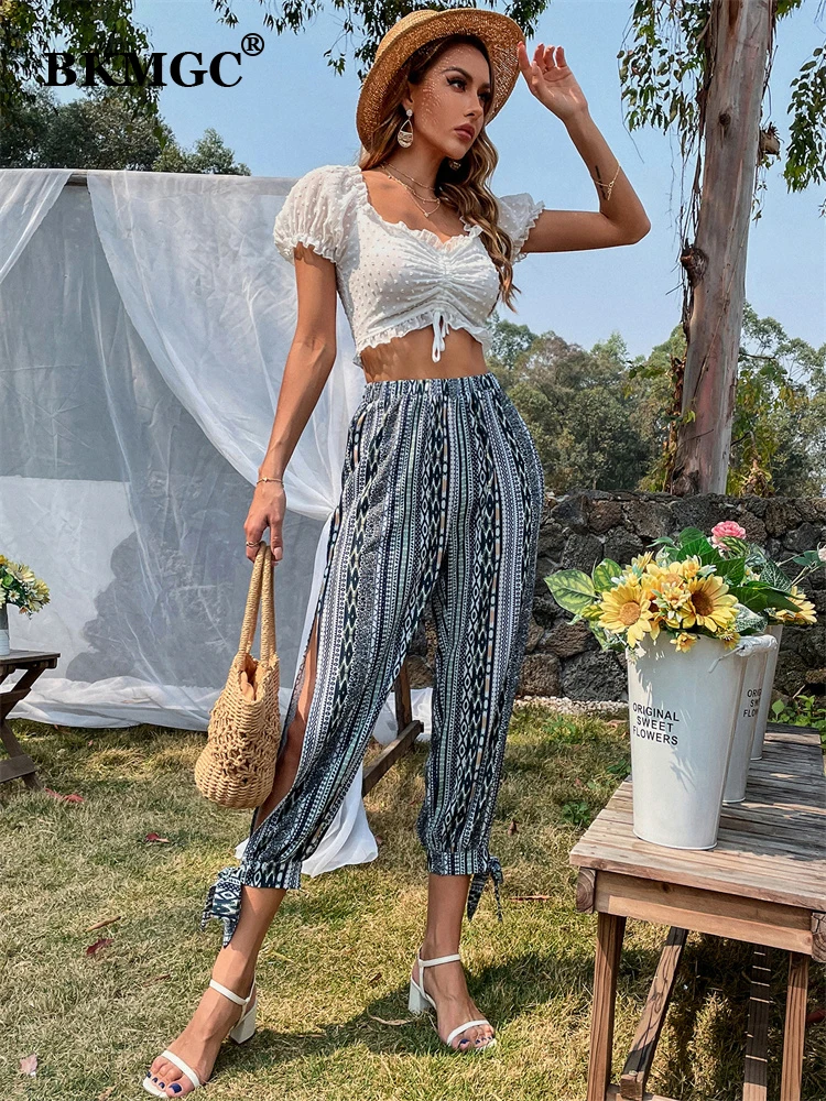 

BKMGC Chiffon Pants Summer Women Printed Trousers Punk Animal Print High Waist Split Vintage Pants Women Trousers Baggy 2926