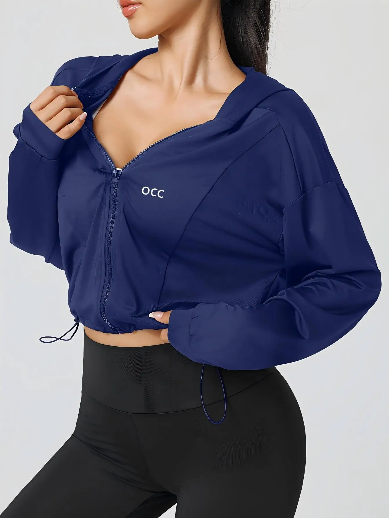 Long sleeved adjustable hem, full zipper hooded drawstring, short sports jacket, fitness training, comfortable yoga suit