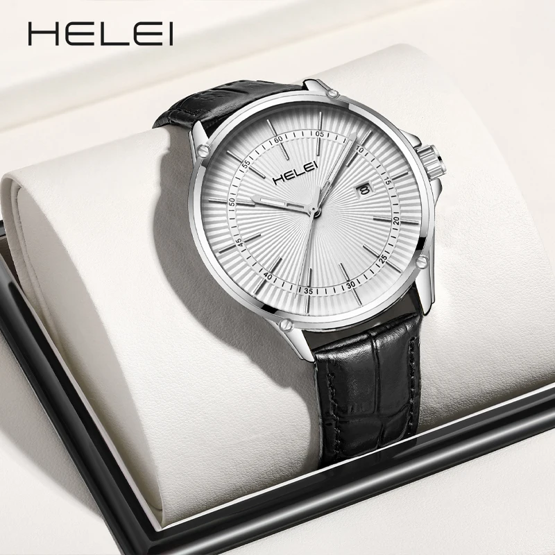 HELEI-relojes de cuarzo de lujo para hombre, pulsera de cuero, resistente al agua, de negocios, regalo