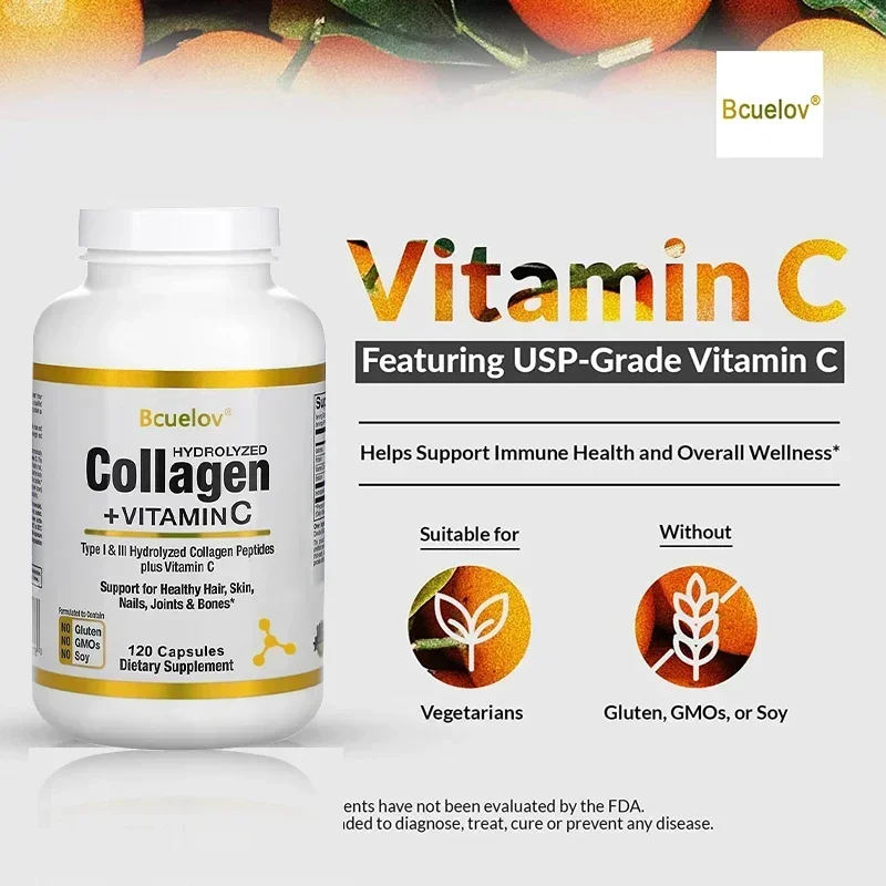 Hydrolyzed Collagen Peptides + Vitamin C, Types I & III Support Healthy Hair, Skin, Nails, Joints & Bones Boosts Immunity