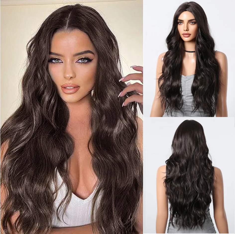 

Dark Brown Women Curly Synthetic Wig Long Wavy hair Heat Resistant Fiber Wig for Daily Party Use Fluffy Copper Wigs