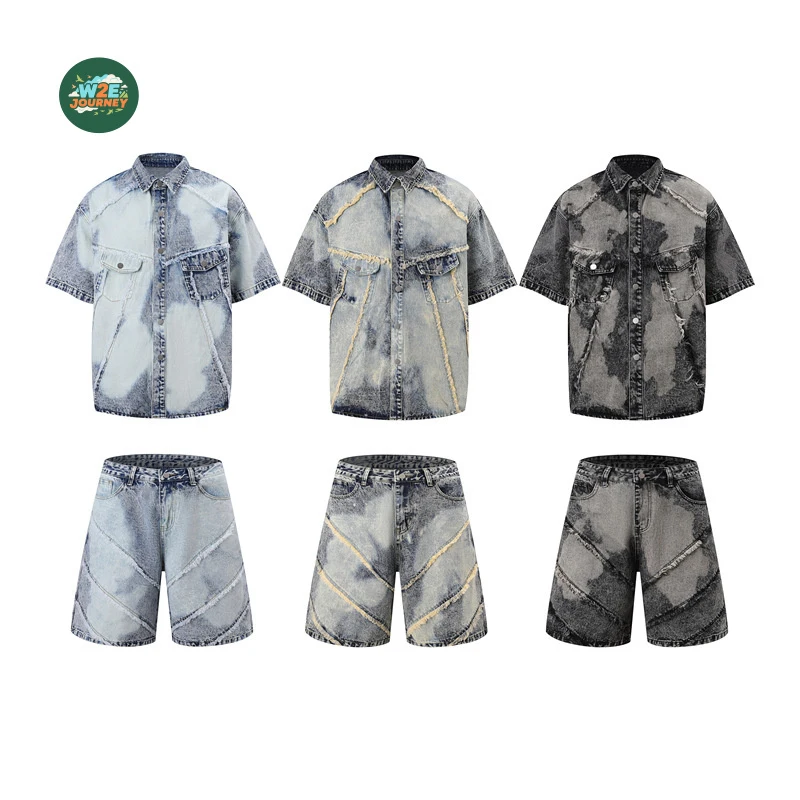W2EJOURNEY Ensemble de vêtements d'extérieur de luxe pour homme, taille EU US, en jean délavé à manches courtes, chemise, veste et short