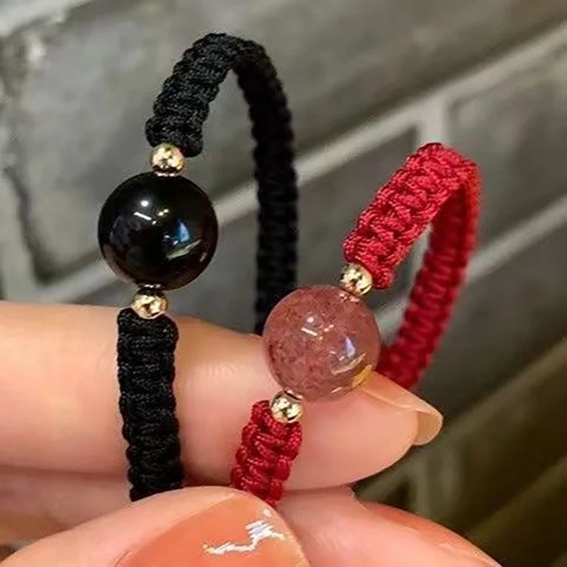 New Obsidian Lucky Beads Strawberry Crystal Bracelet Women's Woven Couple Bracelet Gift