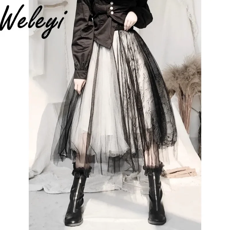 

Dark Lace Splicing Multi Layer Mesh Skirt Women's Spring and Autumn Fashion Sweet New High Waisted Commuter A Word Fluffy Faldas