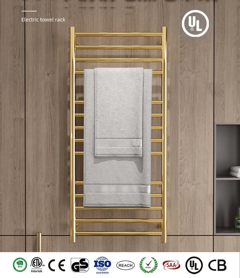 2024 New Luxury Gold Heated Towel Warmer Hidden Wire Installation 110V/220V High Quality 304 Stainless Steel Electric Towel Rack