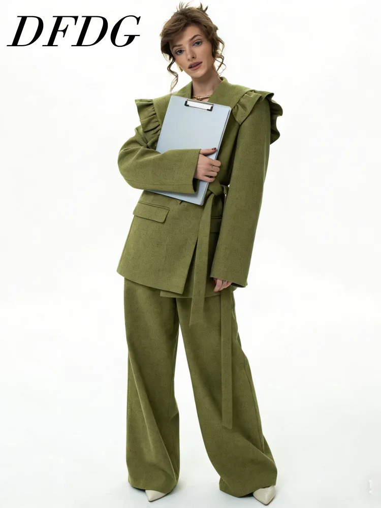 

DFDG Women 2026 Spring Summer Two Piece Outfit Ruffle Lapel Belted Blazer High Waist Wide Leg Pants Set Elegant Office Suit