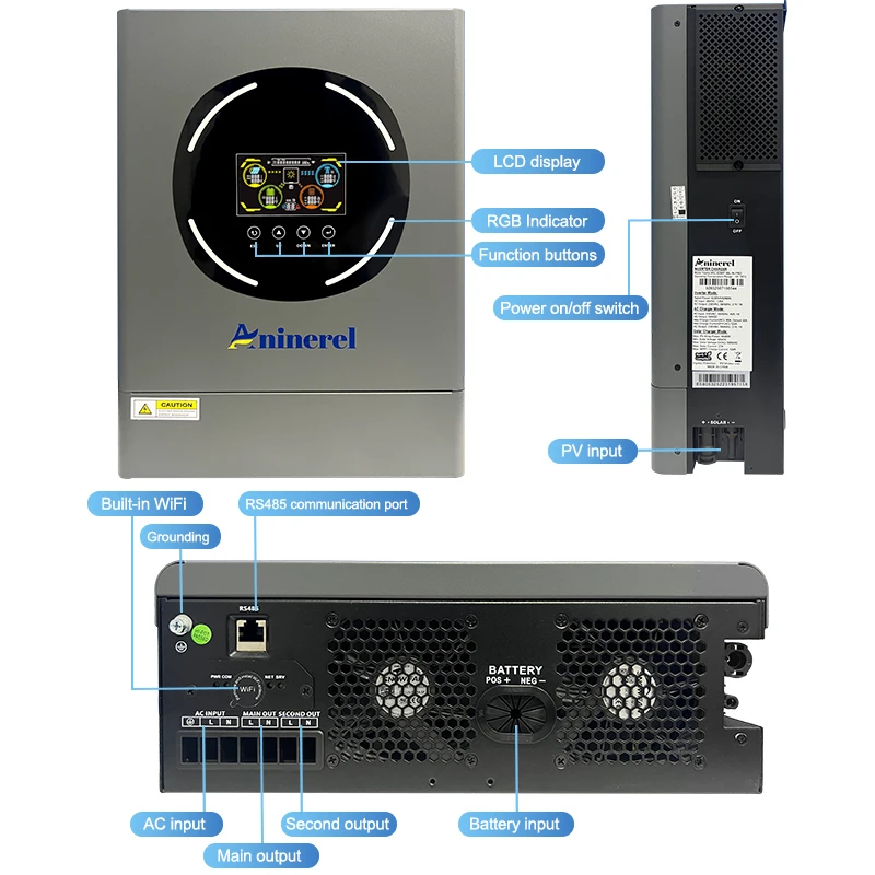 Aninerel 6.2KW 48V Hybrid Solar Inverter 220V Pure Sine Wave Inverter Off/on grid builtin MPPT 120A Solar Charge Controller WiFi view 3