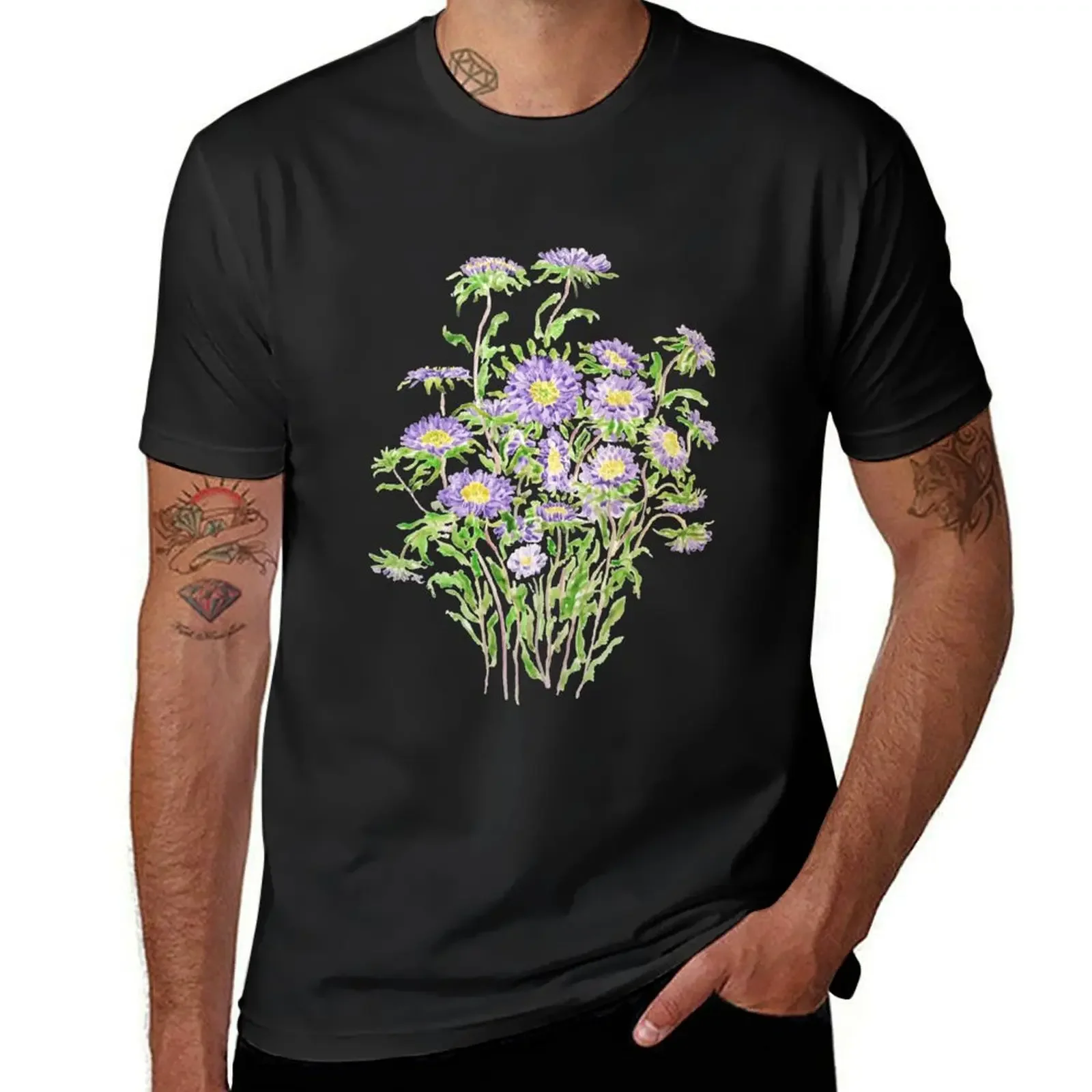 purple aster flowers watercolor T-Shirt customs design your own plus sizes graphic tee shirt sweat plain white t shirts men