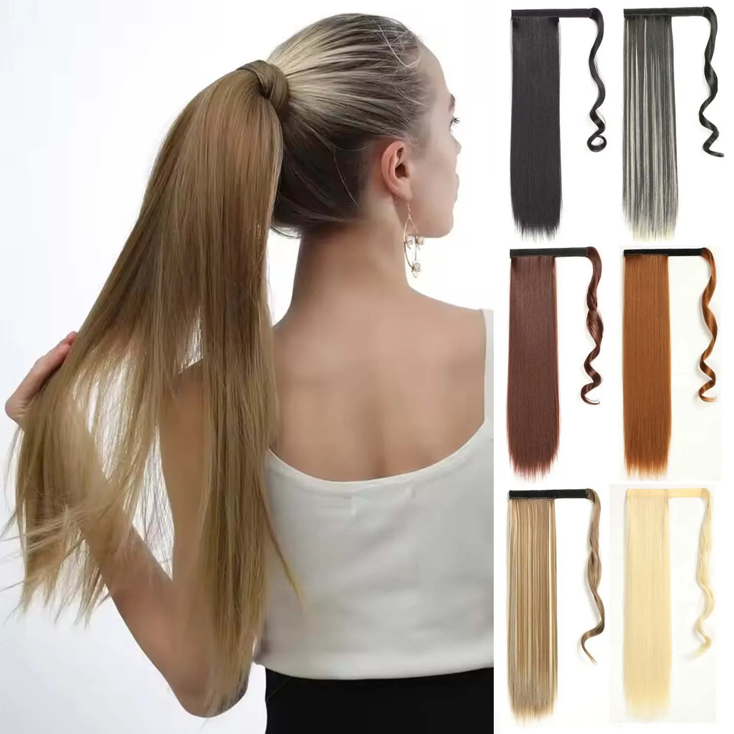 Synthetic Hair 24'' Long Straight Ponytail Wrap Around Ponytail Clip in Hair Extensions Fake Hair Long Smooth Overhead Pony Tail