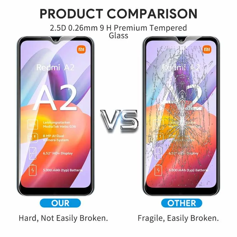 2PCS HD Protective Glass Case For Xiaomi Redmi A2 Screen Tempered Film Redmy A2+ A 2 + RedmiA2 6.52inch Safety Protector Cover