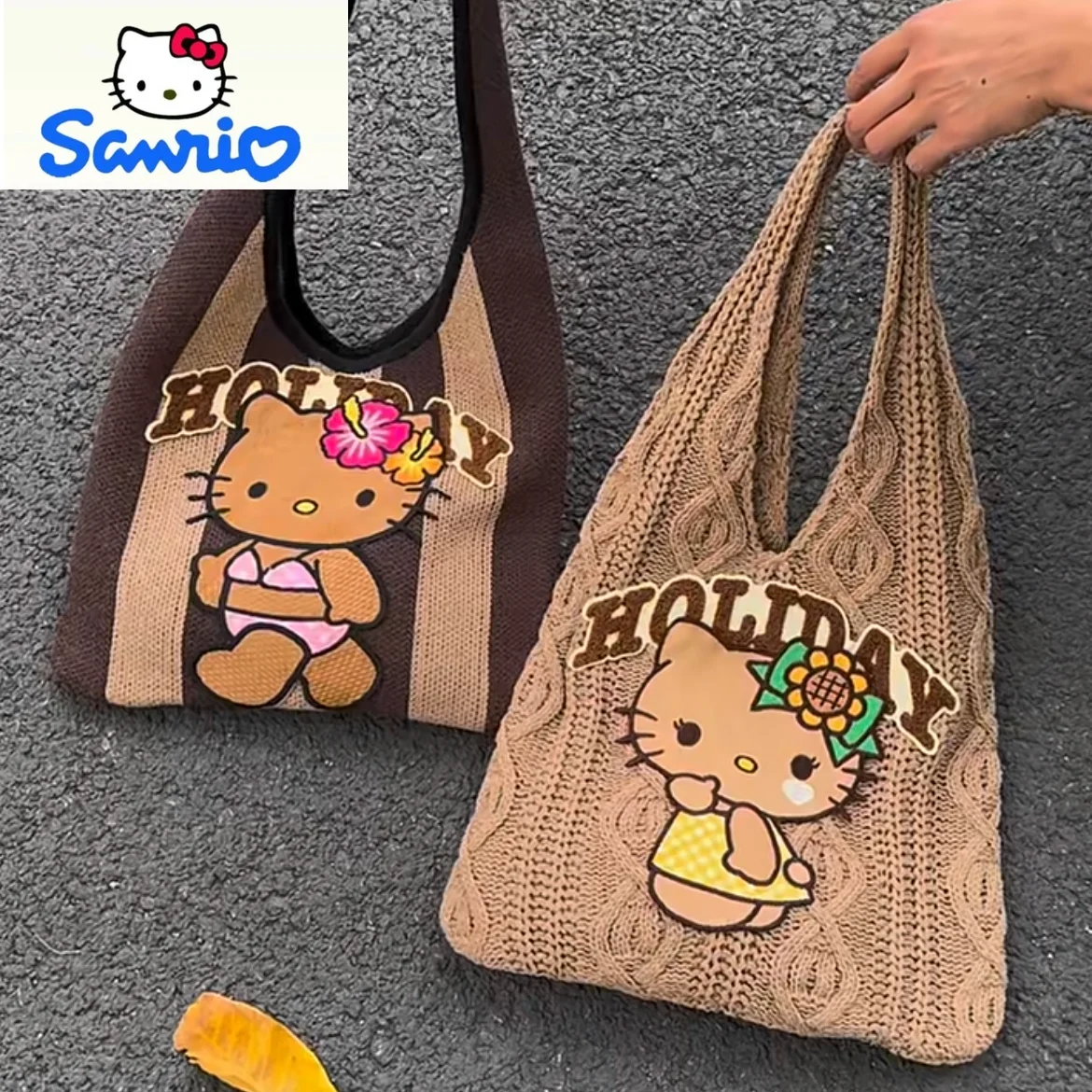 

Sanrio Retro Fashion Knitted Cartoon Embroidery Hello Kitty Handbag for Women, Large Capacity Storage Versatile Beach Bag