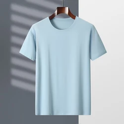 2024 Summer 100% Mercerized Cotton Men Silk T-shirts O-Neck Short Sleeve Loose Straight Tops Simple Casual Tees For Minimalist
