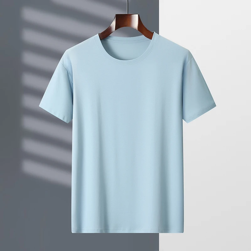 2024 Summer 100% Mercerized Cotton Men Silk T-shirts O-Neck Short Sleeve Loose Straight Tops Simple Casual Tees For Minimalist