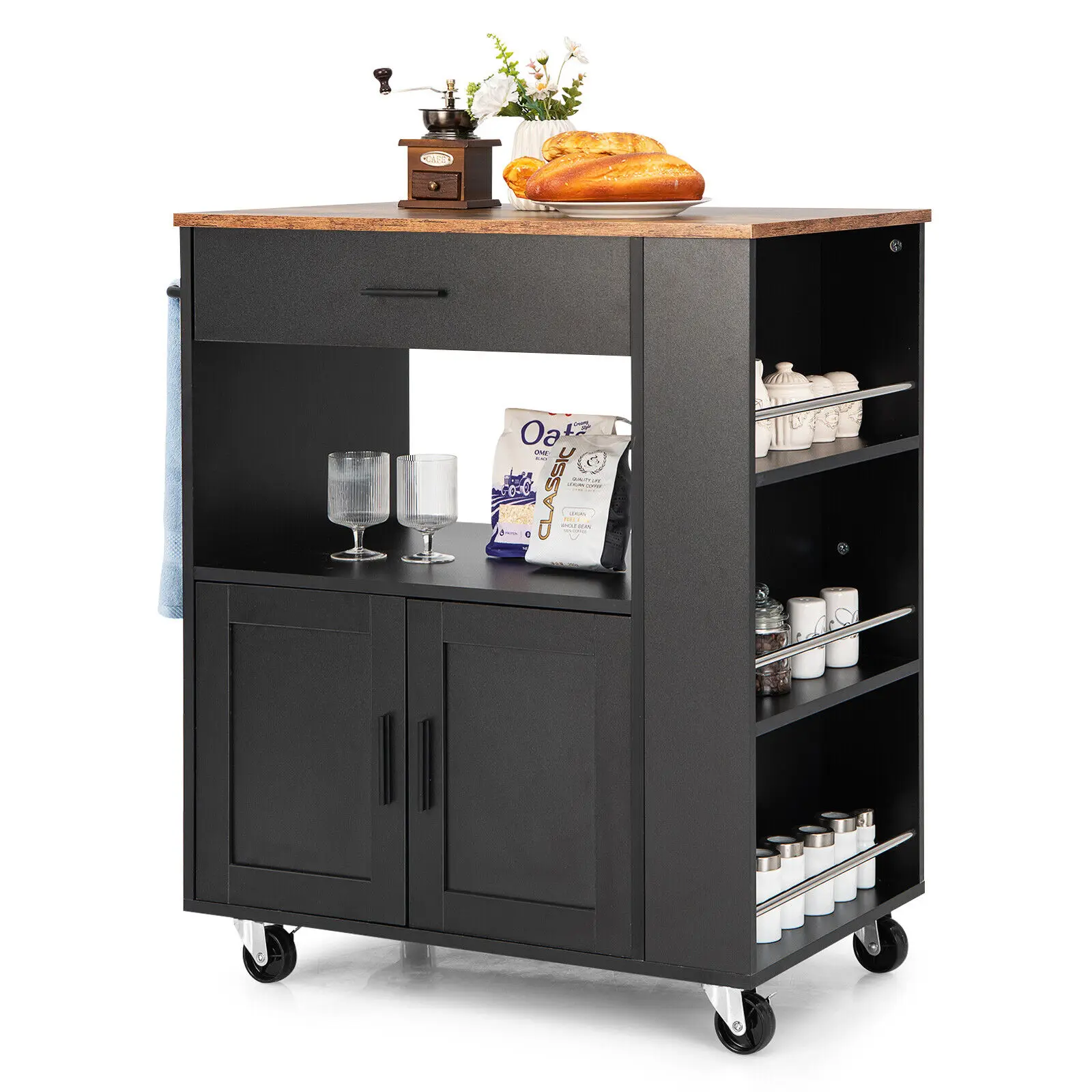 Costway Kitchen Island Cart Rolling Storage Cabinet w/ Drawer & Spice Rack Shelf Black