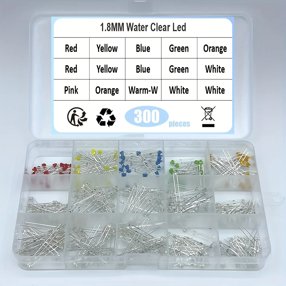 300pcs/set 1.8mm mini round SMD LED bulb - high brightness, 6 colour options (red/yellow/blue/green/white/orange) and warm white