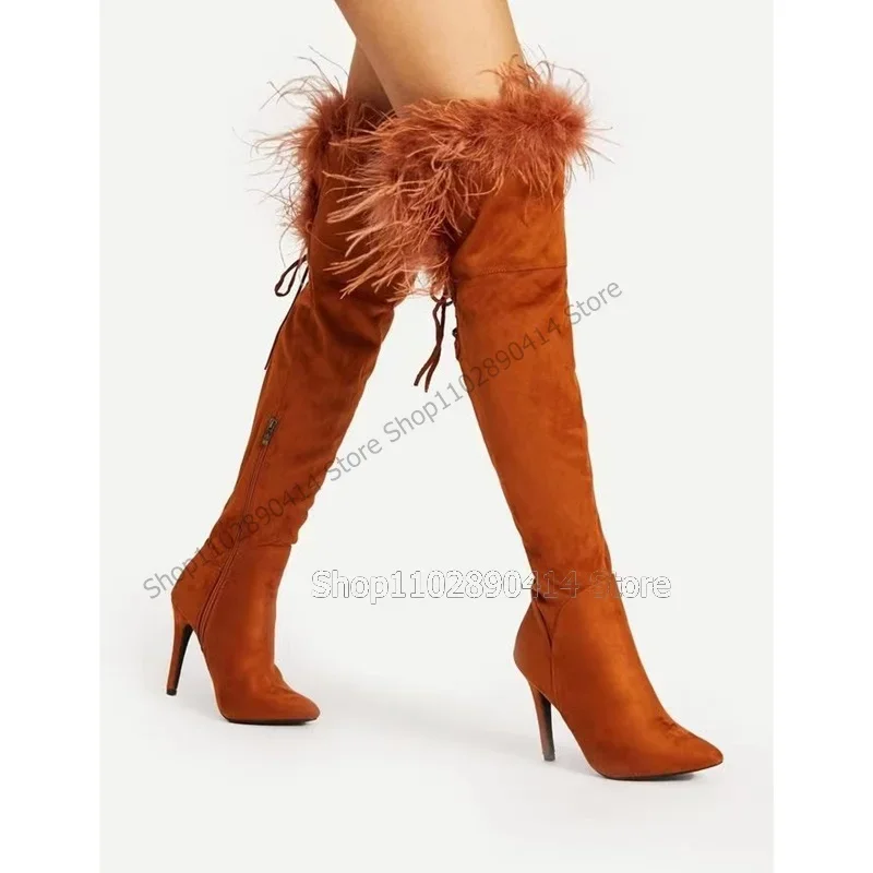 

Brown Black Feather Decor Pointed Toe Strappy Boots Side Zipper Women Shoes Thin High Heels Runway Sexy 2023 Zapatos Para Mujere