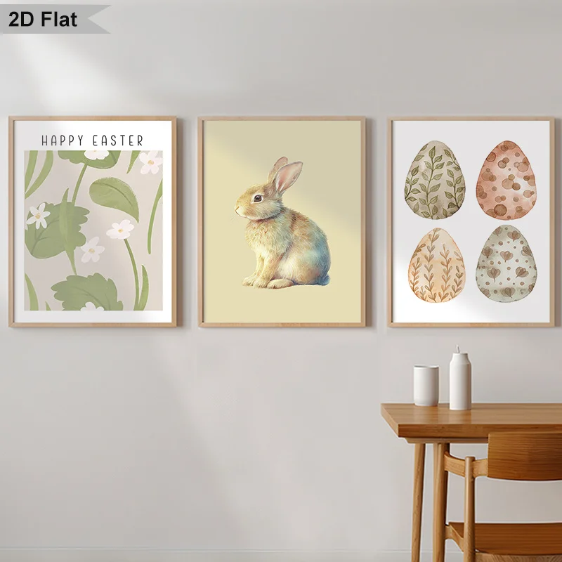 2D Flat, 2D Flat, Set of 3 Spring-Themed Wall Art Pieces Featuring Easter Eggs And a Bunny, Perfect for Decorating a Country