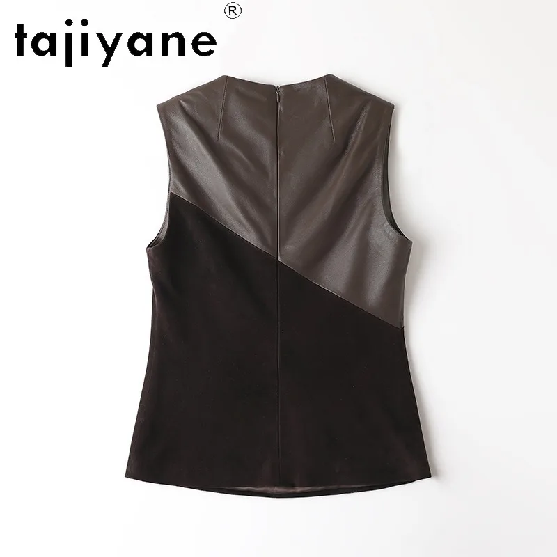 TAJIYANE Genuine Leather Jacket Women Sleeveless Vest Sheepskin & Sheep Suede Patchwork Coat Slim Waistcoat Leather Veste Femme