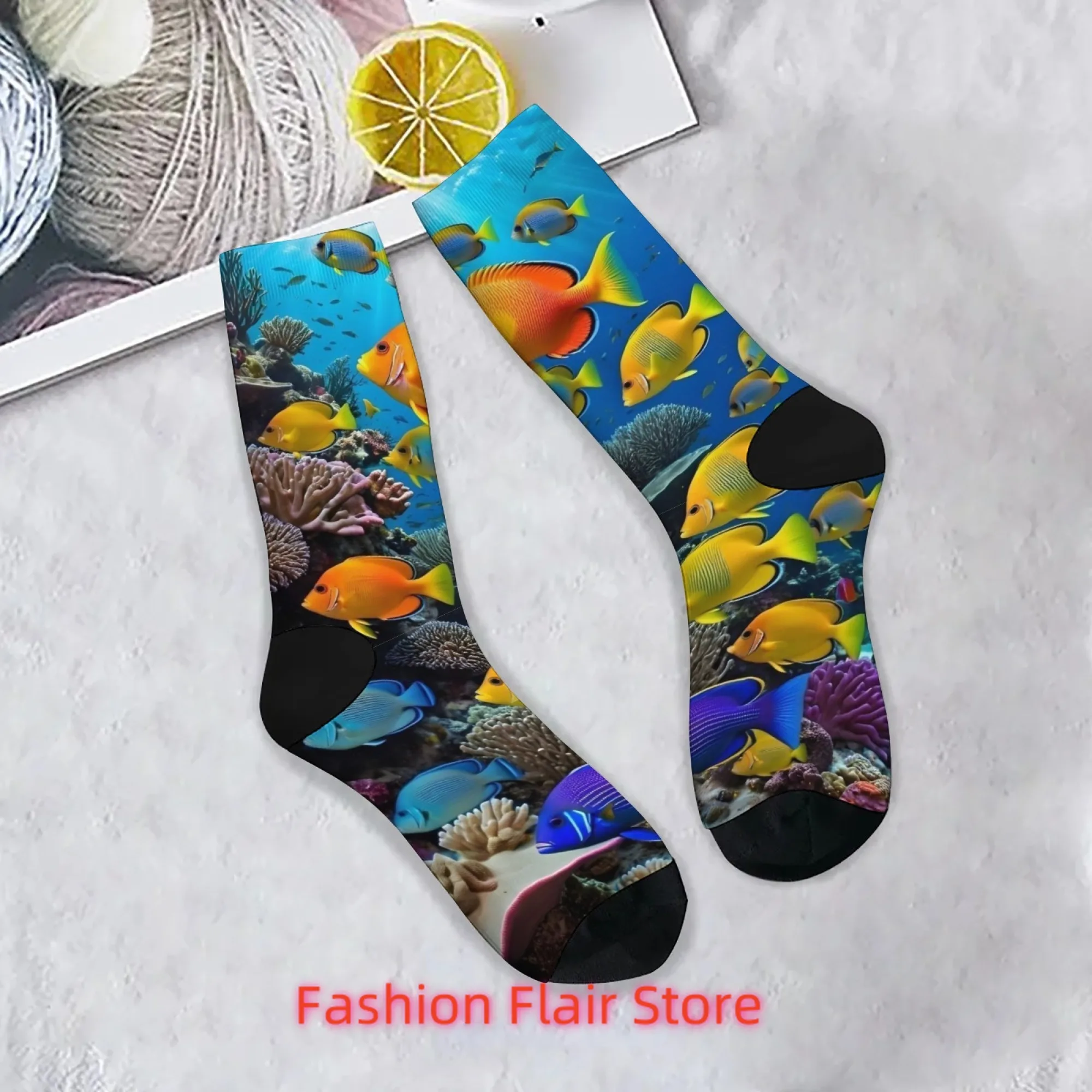 

Underwater world fish pattern print socks unisex novelty Harajuku funny street hip-hop crew socks soft and comfortable socks