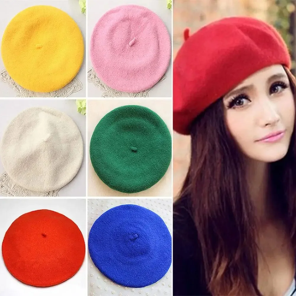 Beret Women\'s Fashion Retro Casual Wool Beret Artist Hat Wool Versatile Knitted Round Top Bud Hat Warm Hat