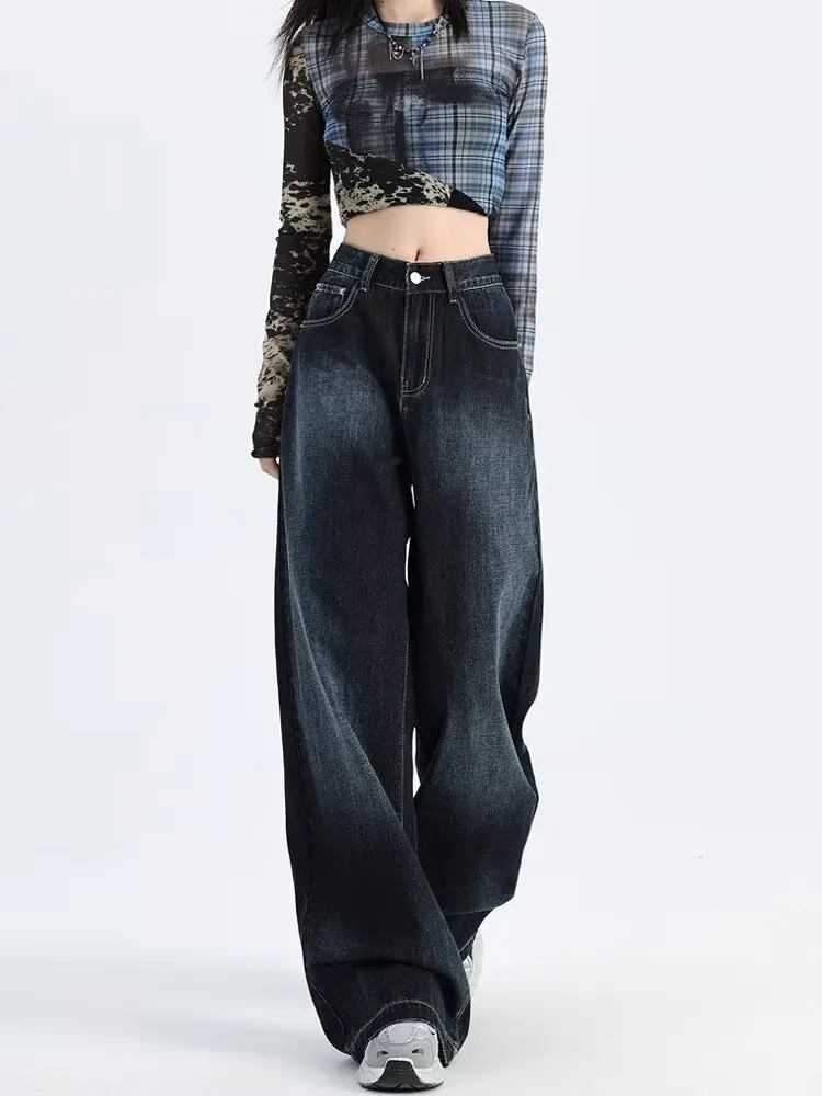 

High Waist Wide Leg Blue Grey Denim Jeans Women's Vintage Faded Slimming Loose Straight Long Pants Spring Autumn plus Size