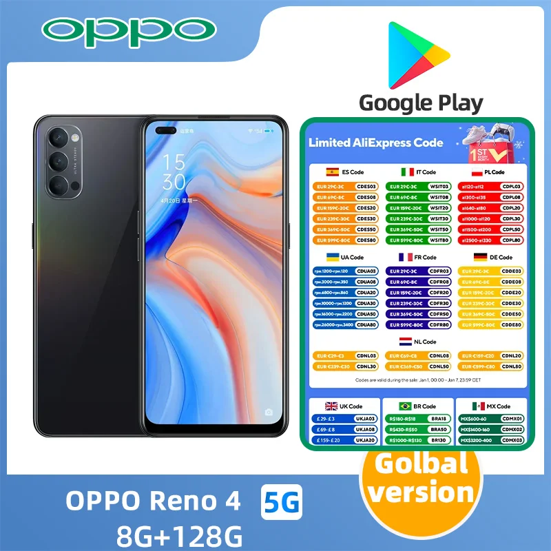 Oppo Reno 4 5g SmartPhone CPU Snapdragon 765G 6.4inch AMOLED 60hz screen 48MP Camera 4020mAh 65W Charge Original Used phone