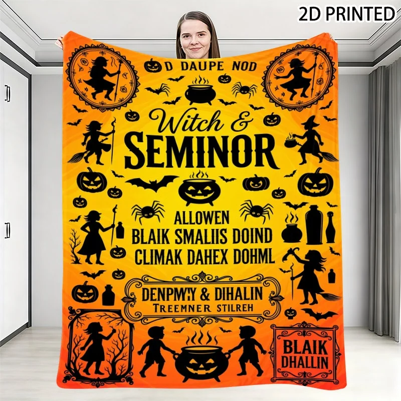 Halloween Themed Throw Blanket with Spooky Black Silhouette Witch Pumpkin Bat Spider Pattern on Vibrant Gradient Background, Mul