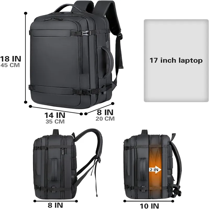 Mochila de viagem expansível resistente à água para homens, USB, voo aprovado, transportar sacos para aviões, durável, 17 \