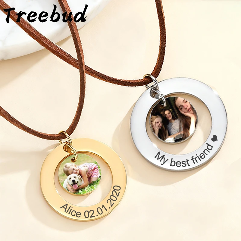 

Treebud персонализированное круглое ожерелье с фотографией из нержавеющей стали с гравировкой, цветные имена изображений, дата, коричневая веревка, кулон, ювелирные изделия