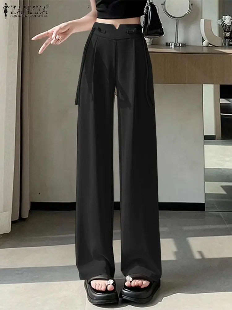 

ZANZEA Korean Fashion Office Suit Pants Women High Waist Trousers 2024 Summer Knot Pleated Formal Pantalons Casual Straight Pant