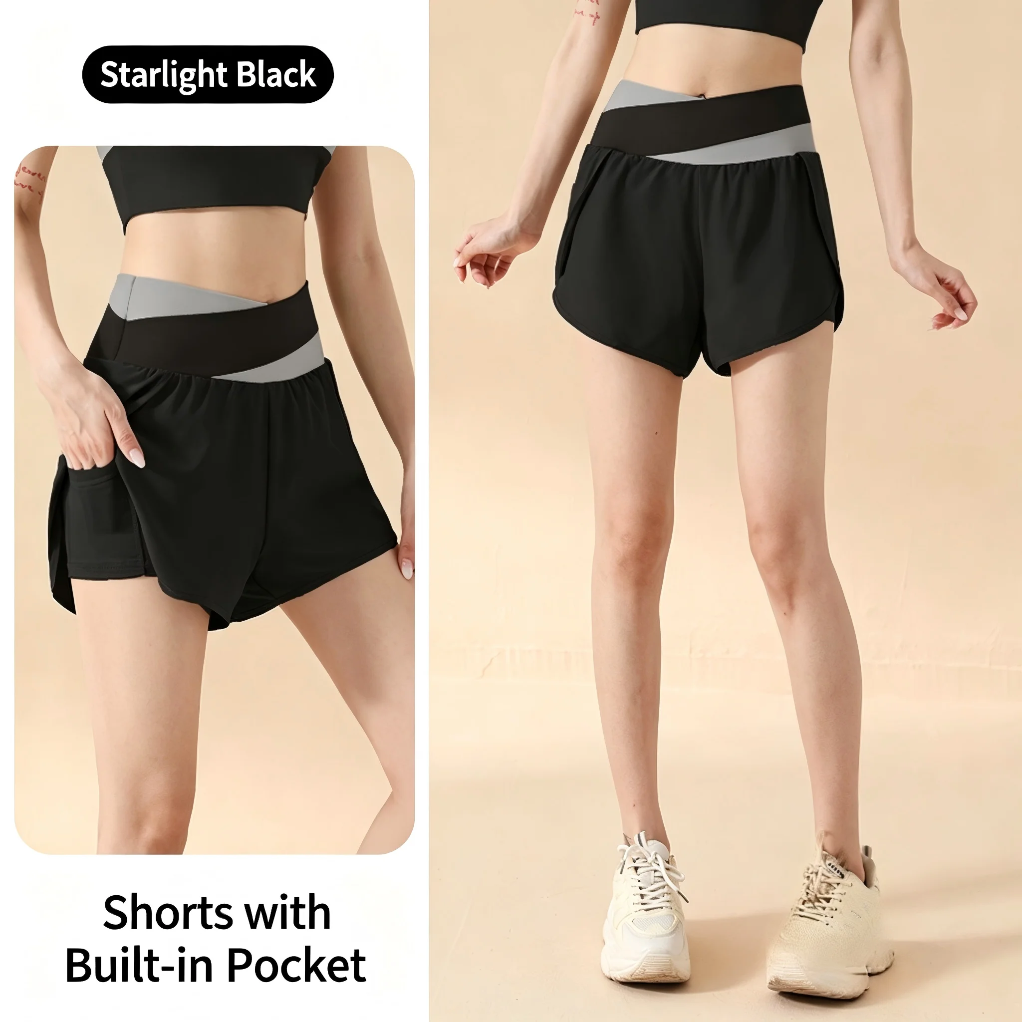 

Color-matched fake two-piece yoga shorts with high waist and buttock-raising function to prevent accidental exposure for women