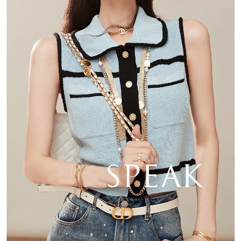 

2024 Summer Elegant Vintage Knit Sweater Vests Women Cardigan Crop Tops Sleeveless Single-breasted Stylish Fashion Chic Knitwear