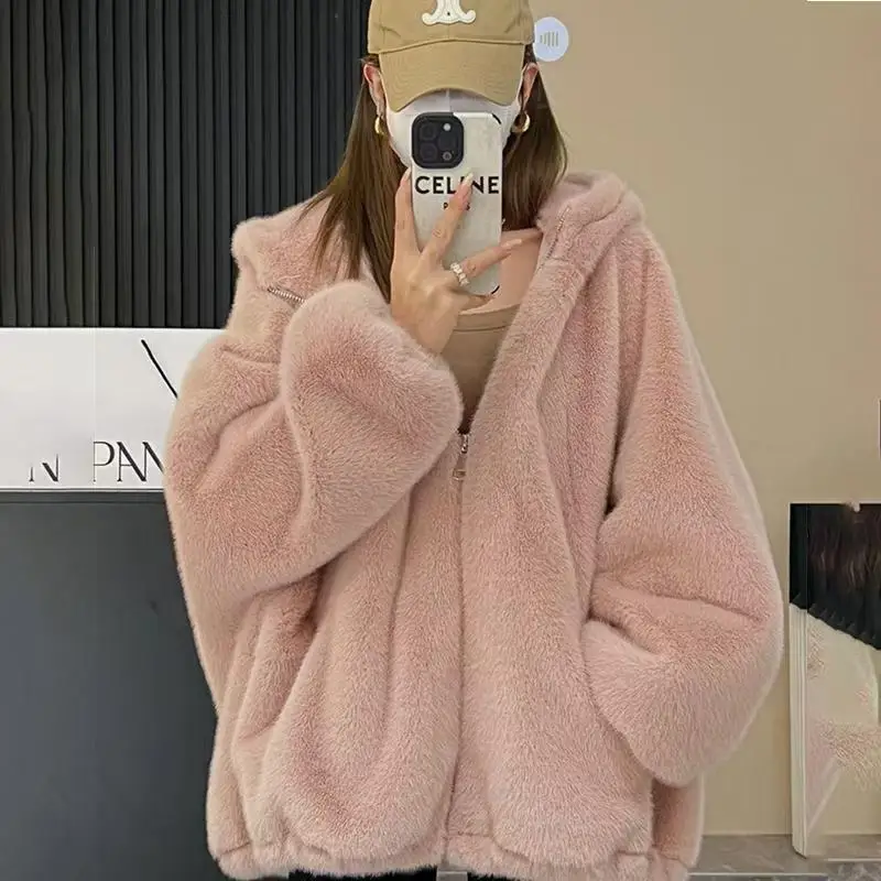 Autumn Winter 2025 Hooded Women Faux Fur Jackets Coat Thick Warm Fluffy Shaggy Outerwear Hoodie Solid Women Clothing