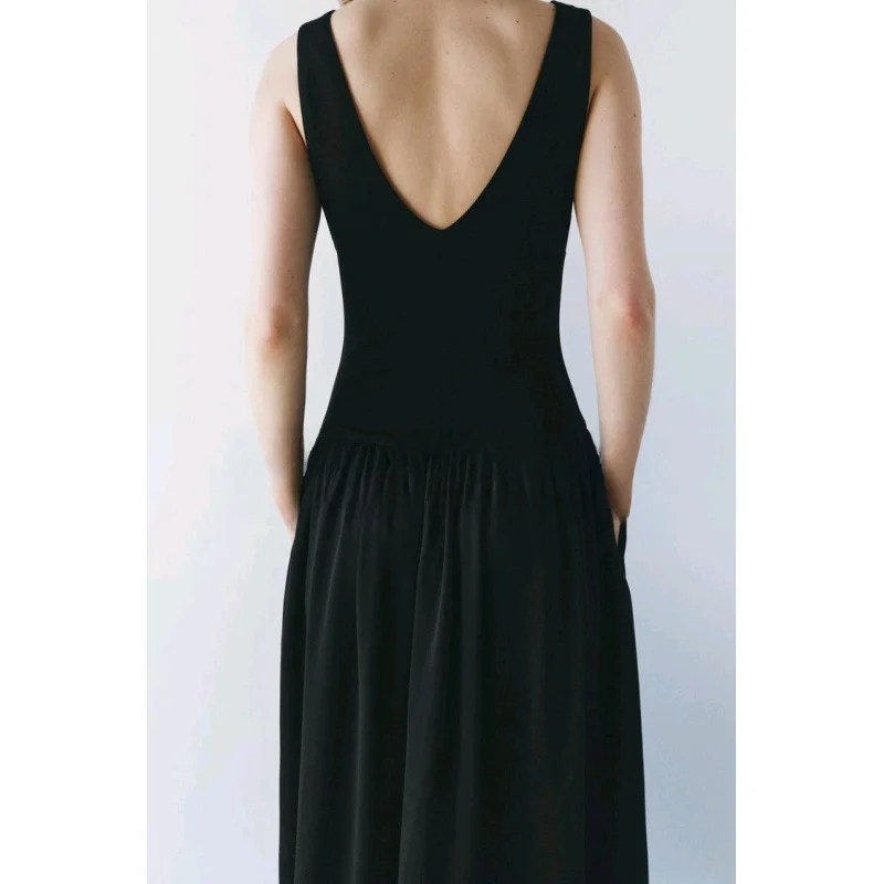 봄 신상 섹시한 딥 V 블랙 스플라이스 미디 드레스 긴 소매 없는 베스트 드레스 A라인 실루엣 U넥 여성용 드레스