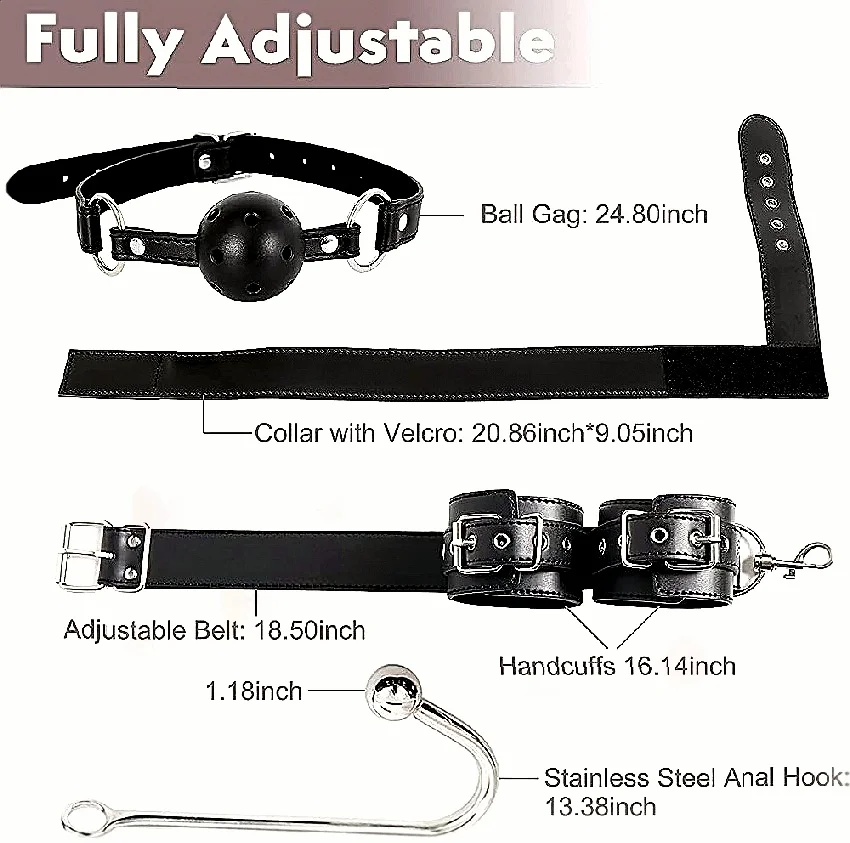 Anal Hook With Backhand Buttonhole Design Combines Metal Rear Plug With Bondage Tail And Handcuffs Mouth Gag For BDSM Play