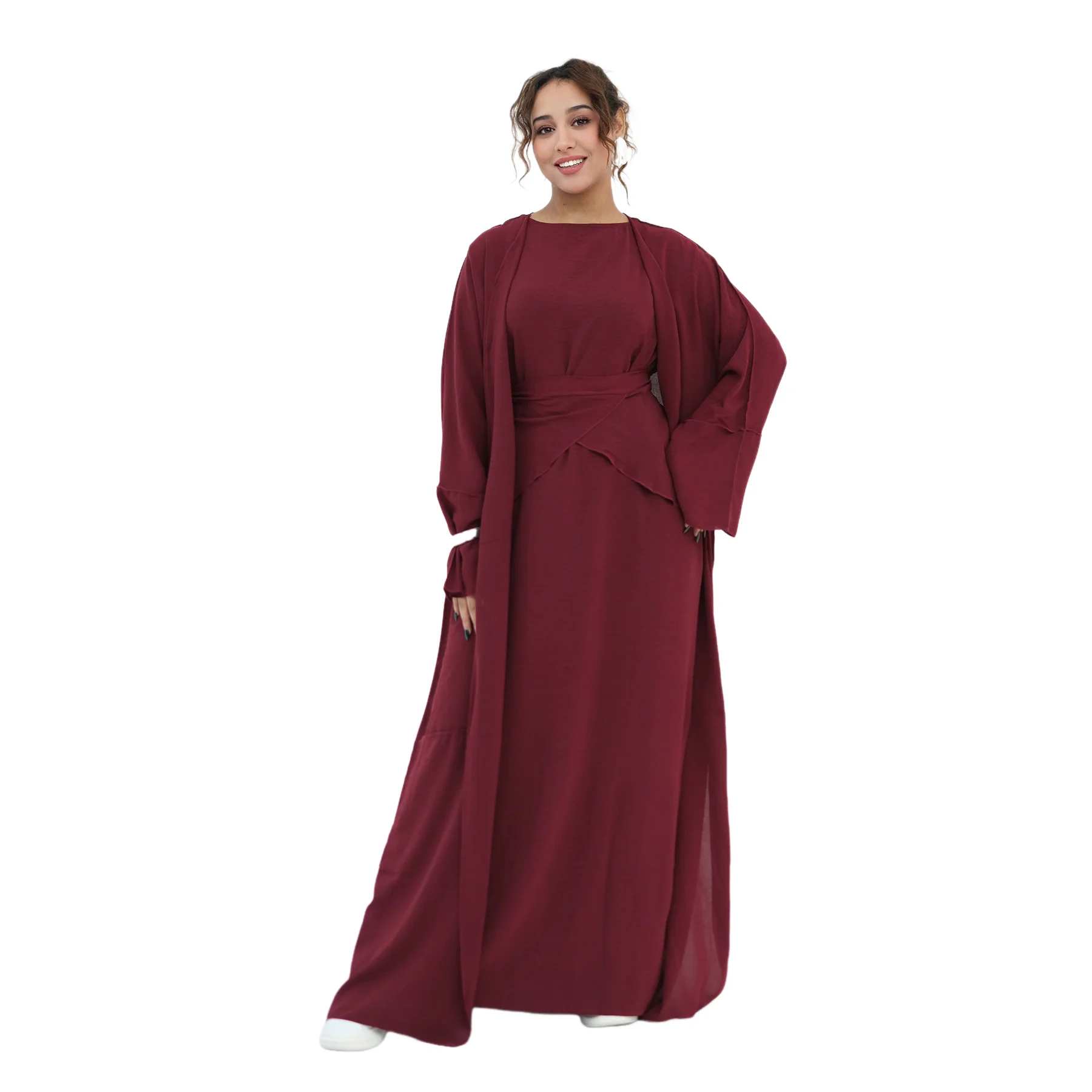 

Morocco Dubai Open Abaya Women Cardigan Inner Dress Set with Wrap Muslim Kaftan Ramadan Saudi Robe Vestidos Turkey Musulmane New