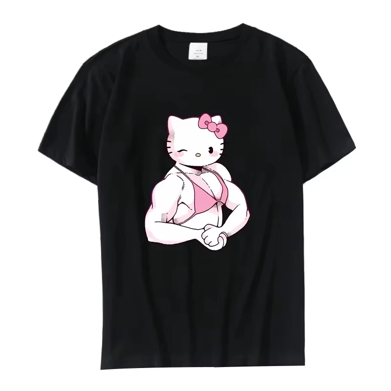 

Black and White Hello Kitty and Friends Pattern T-Shirt Women's Anime Cinnamon Roll Muscle Print Cartoon Top Cotton Short Sleeve