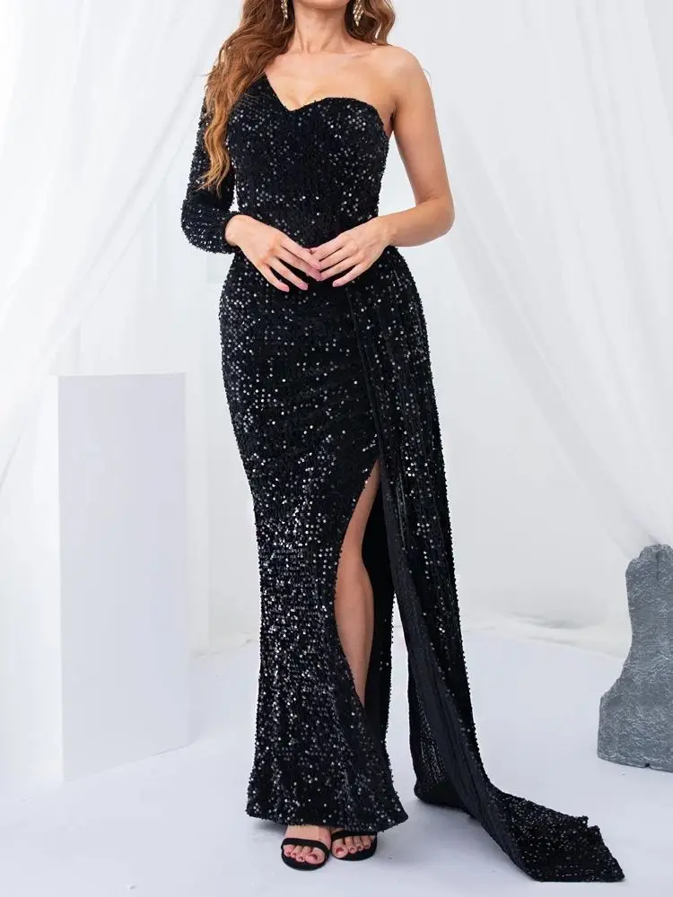 Sparkly Black Long Sleeve One Shoulder Wedding Banquet Dress Luxury Sequin Slit Gown Elegant Women Evening Party Dresses Summer