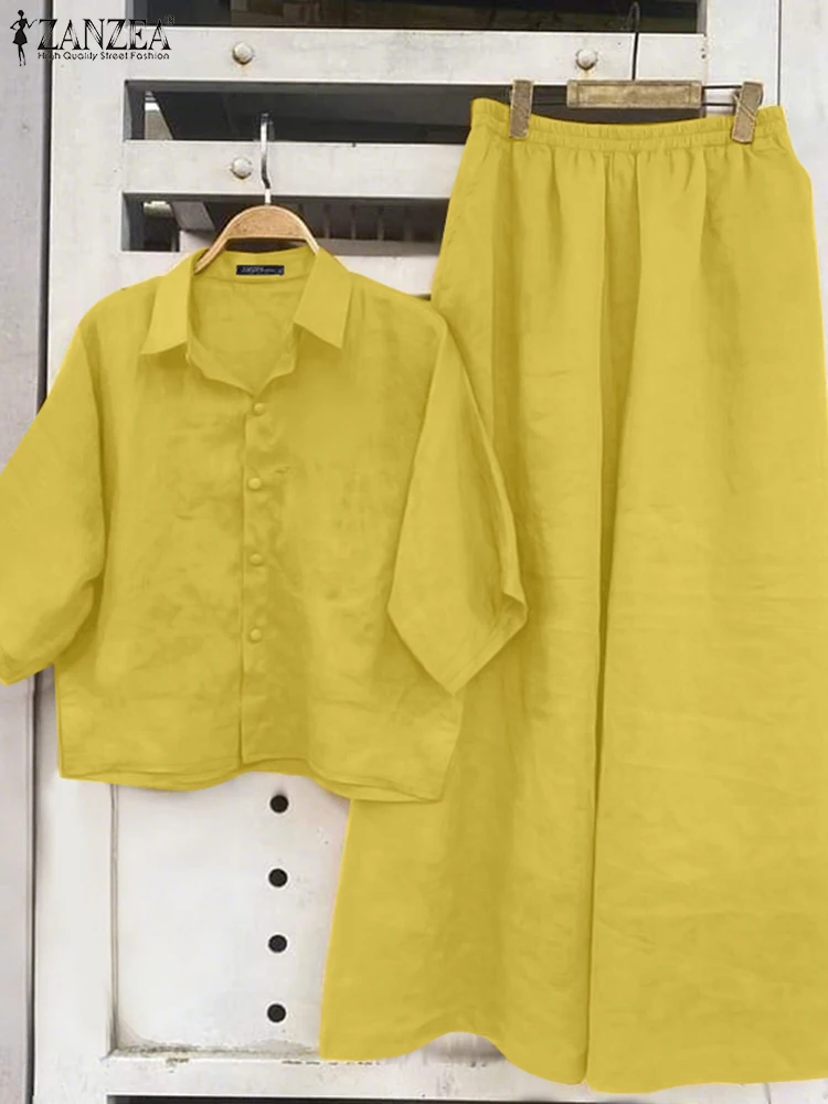 

ZANZEA Woman Casual 2 Piece Sets 2025 Spring 3/4 Sleeve Shirts Wide Leg Pants Solid Color 2PCS Outfits Commute Work Daily Suits
